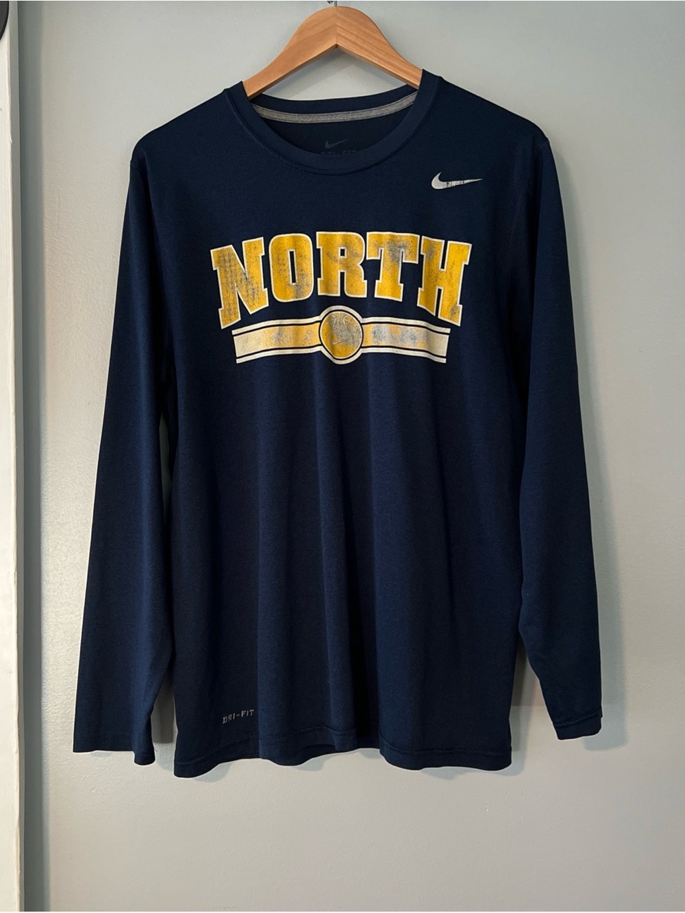 Nike Navy Blue and Yellow North Graphic Dri-FIT Long Sleeve Athletic Tee
